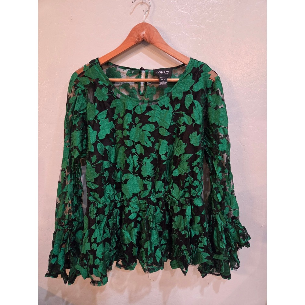 Ashro Green Black Floral Lace Peplum Top Ruffle Sleeve Blouse XL Vintage Style